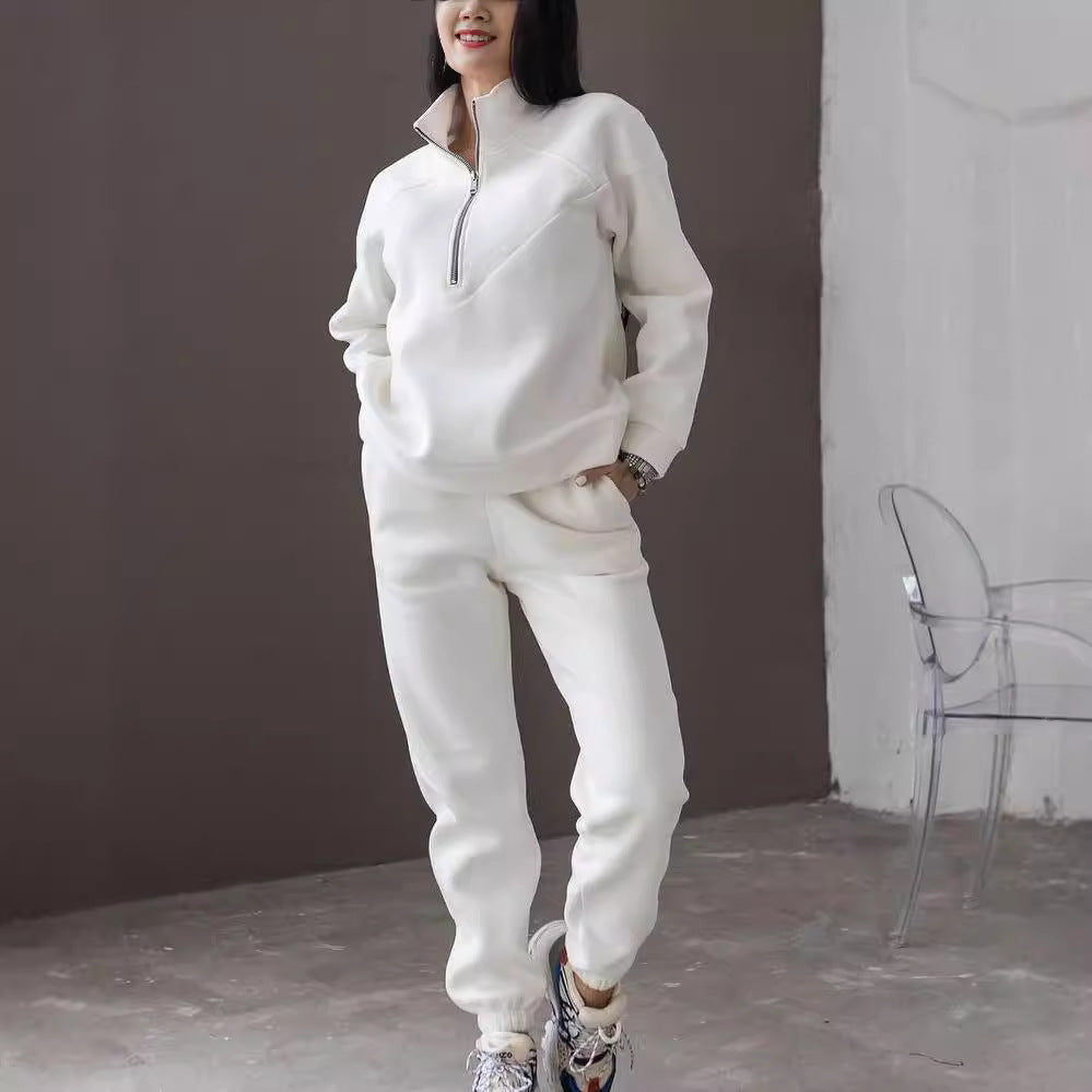 Damen Zweiteiliges Sweat-Loungewear-Set mit Troyer-Reißverschluss und elastischer Jogginghose Drune