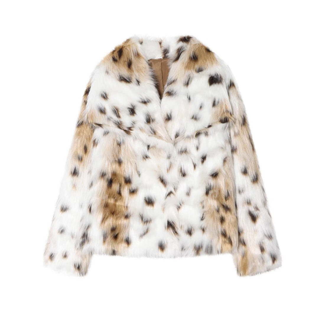 Damen nan kurze Kunstfelljacke mit Wildmuster, V-Ausschnitt und taillierter Silhouette Drune