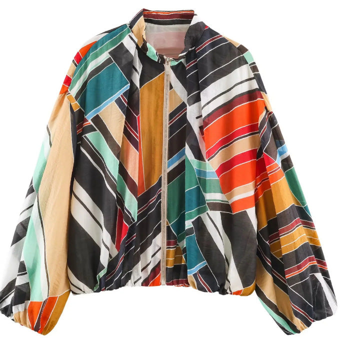 Damen Gestreifte Cropped Blousonjacke mit Stehkragen, Reißverschluss und Ballonärmeln Drune