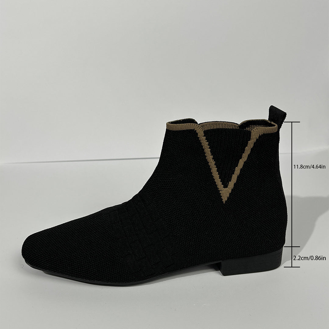 Damen nan gestrickte Sock-Stiefelette mit elastischem V-Einsatz, Zugschlaufe und flachem Blockabsatz Drune