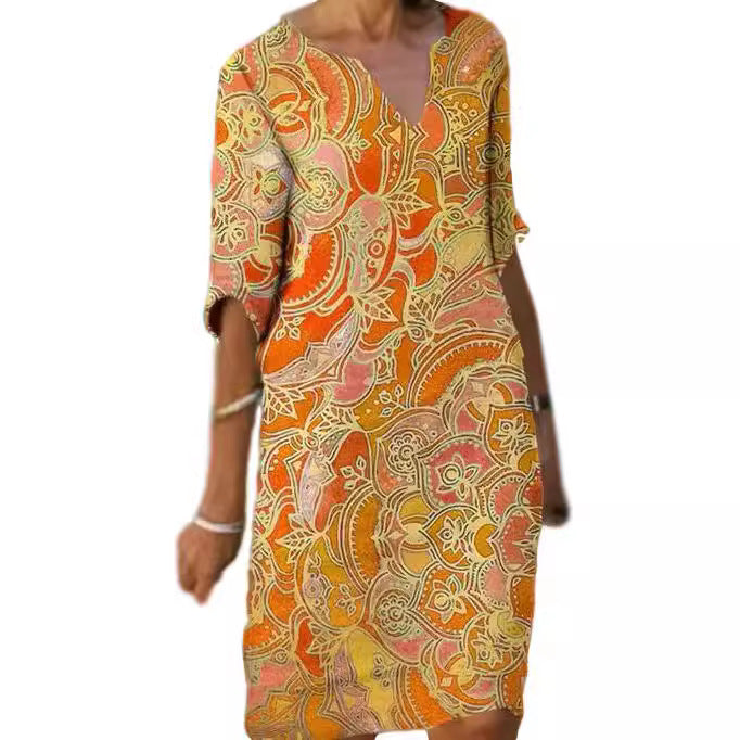 Damen Freizeitleichtkleid mit elegantem V-Ausschnitt und buntem Muster Drune