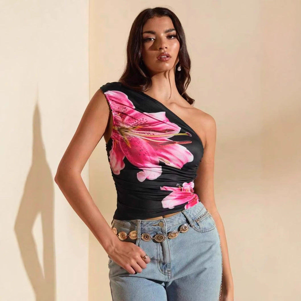 Damen Crop-Top mit asymmetrischem Ausschnitt und floralen Akzenten Drune