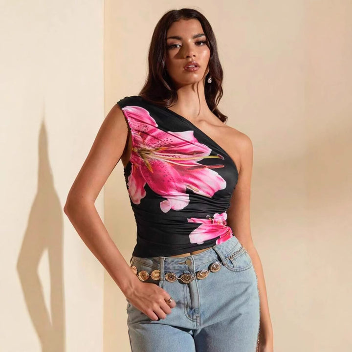 Damen Crop-Top mit asymmetrischem Ausschnitt und floralen Akzenten Drune