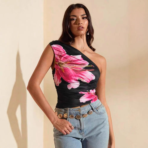 Damen Crop-Top mit asymmetrischem Ausschnitt und floralen Akzenten Drune