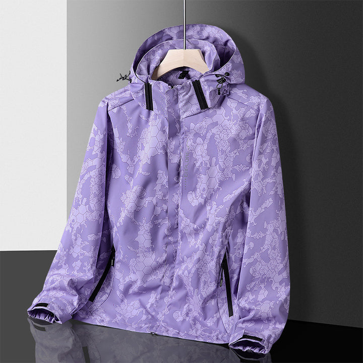 Herren leichter wasserdichter Softshell‑Hoodie mit Kapuze und Tarn‑Hex‑Alloverprint Drune