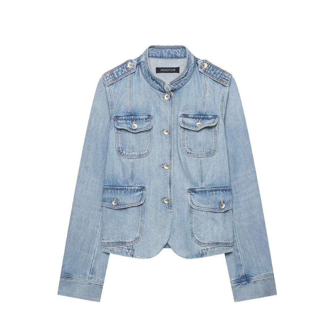 Damen Boxy-Denimjacke im Safari‑Look mit Stehkragen und vier aufgesetzten Taschen Drune