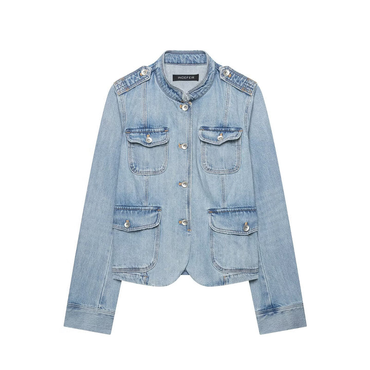 Damen Boxy-Denimjacke im Safari‑Look mit Stehkragen und vier aufgesetzten Taschen Drune