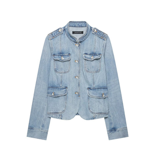 Damen Boxy-Denimjacke im Safari‑Look mit Stehkragen und vier aufgesetzten Taschen Drune