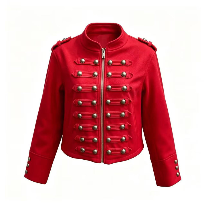 Damen Kurzjacke im Military‑Stil mit Stehkragen, Zierknopfleiste und Schulterklappen Drune