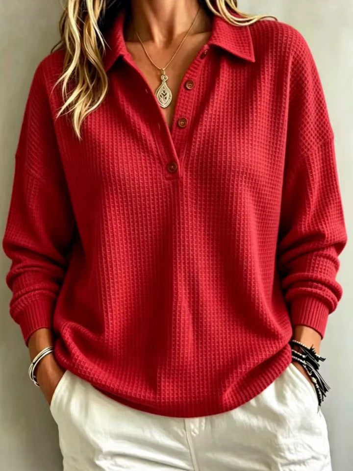 Damen Waffelstrick-Polo mit Oversize-Schnitt, Knopfleiste und Rollkragen-Optik Drune