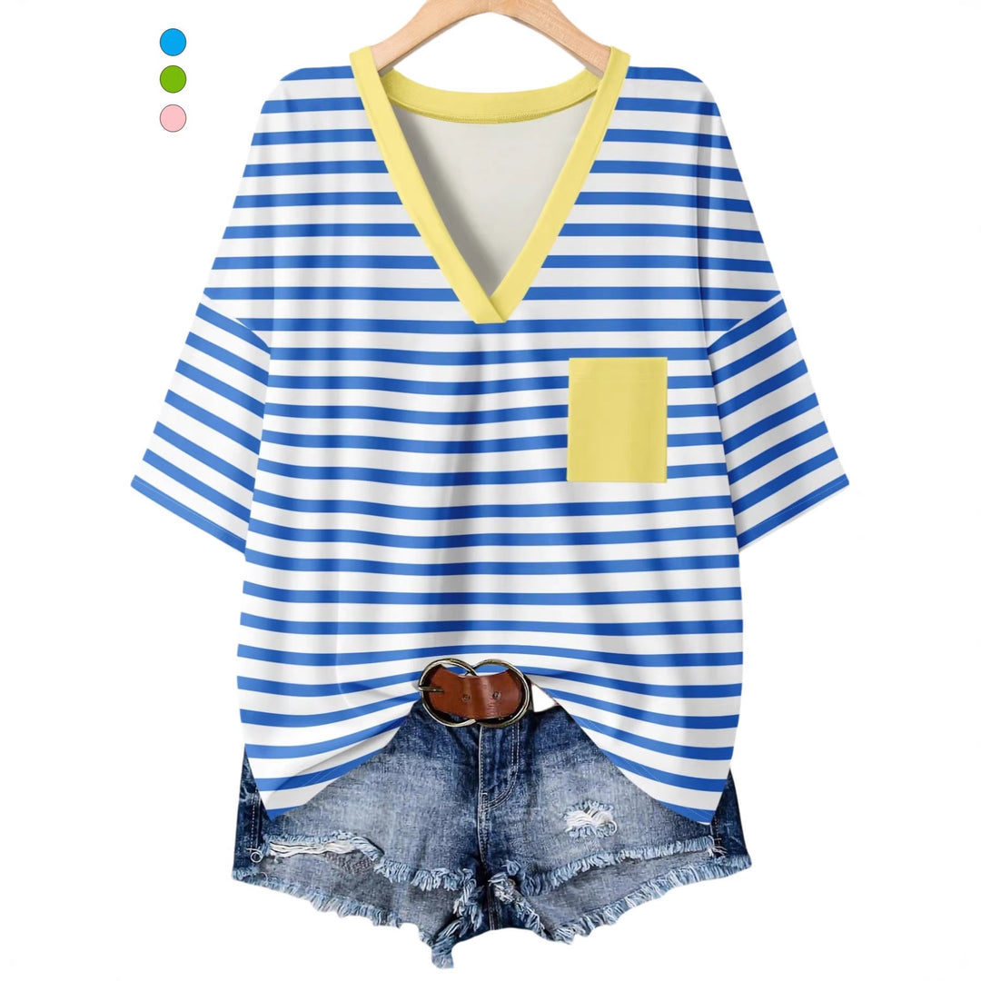 Damen lässiges V-Neck T-Shirt mit Streifen-Design Drune