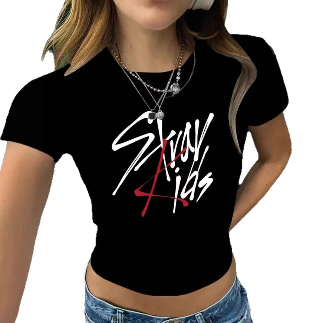 Damen Crop-T-Shirt mit kreativem Schriftzug und figurbetontem Schnitt Drune