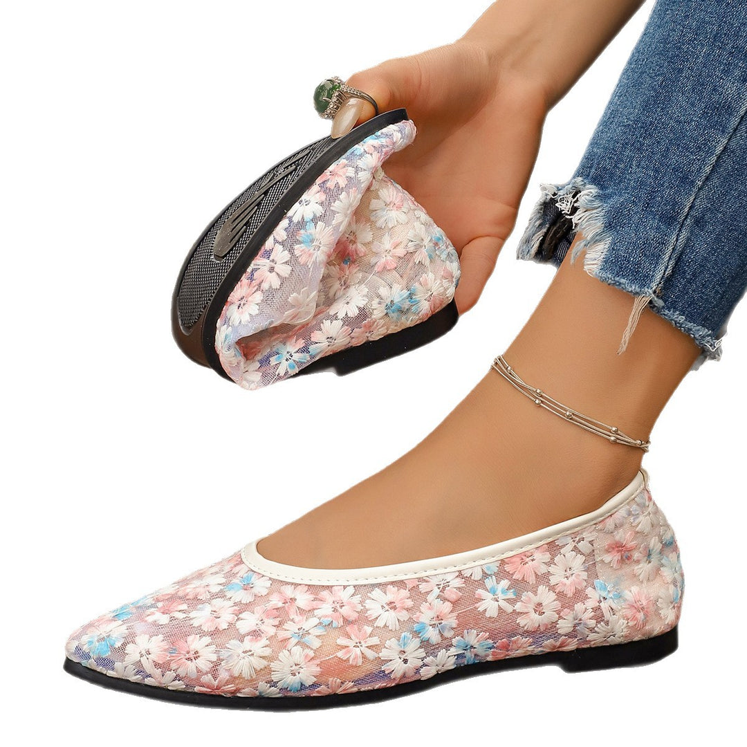 Damen Flache spitze Ballerinas aus besticktem Mesh mit floralem Muster und gepolstertem Fußbett Drune