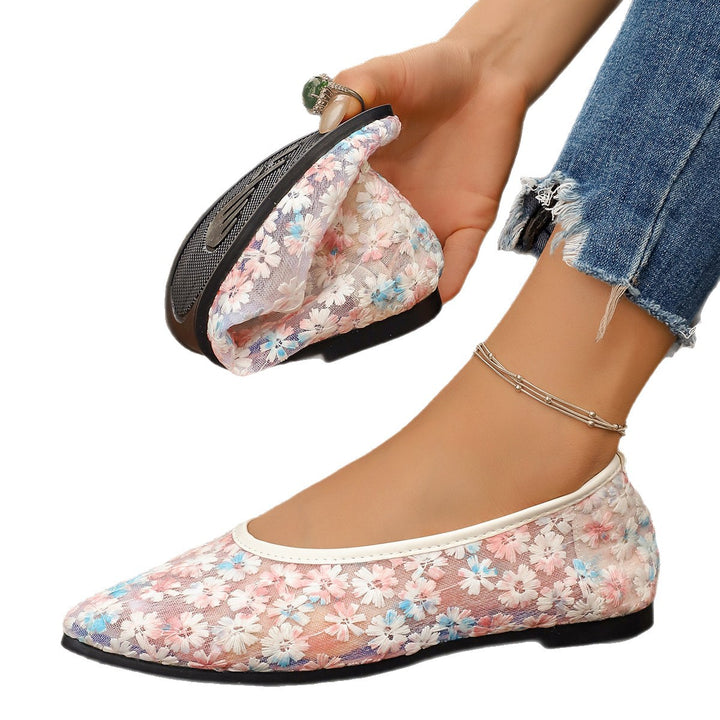 Damen Flache spitze Ballerinas aus besticktem Mesh mit floralem Muster und gepolstertem Fußbett Drune