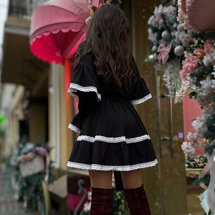 Damen elegantes Kleid mit Volants und Spitzenverzierungen Drune