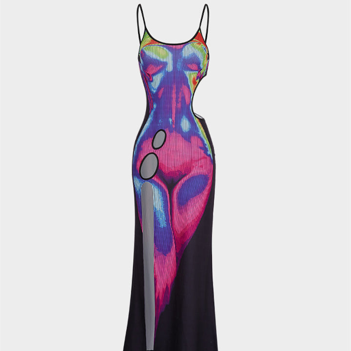 Damen Maxi-Kleid mit kreativen Cut-Out-Details und farbenfrohem Grafikdruck Drune