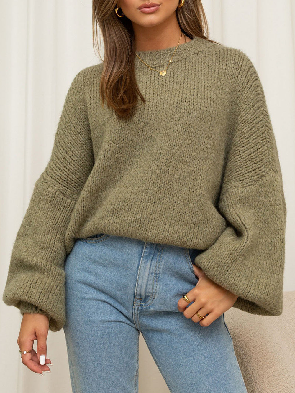 Damen Grobstrickpullover mit übergroßen Puffärmeln und hochgeschlossenem Kragen Drune