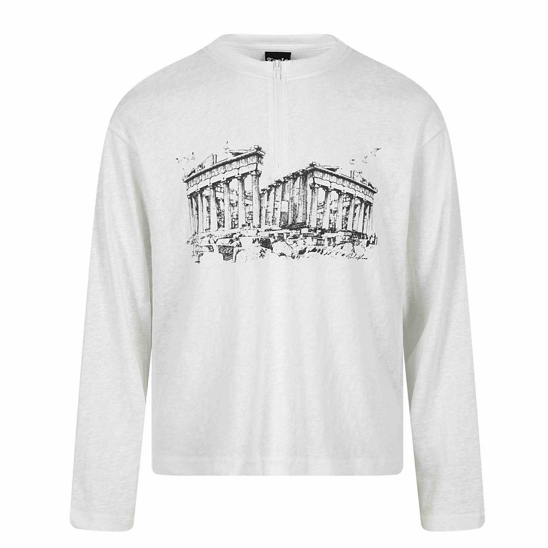 Unisex Langarm-Halbzipshirt mit Stehkragen und Parthenon-Print Drune