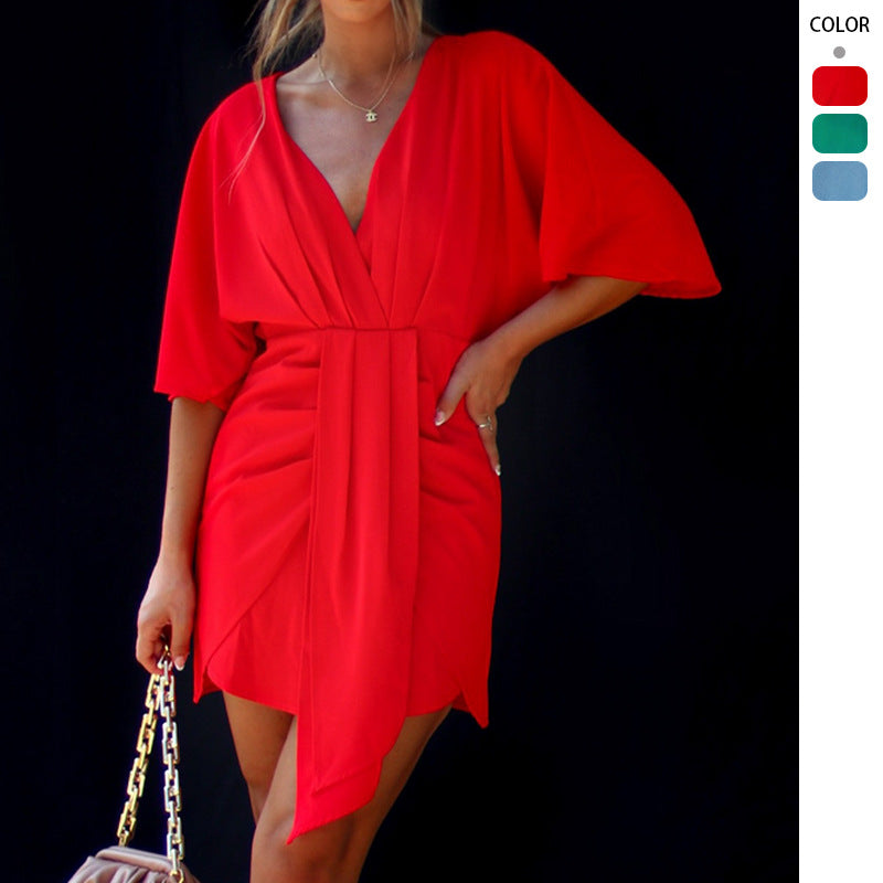 Damen Wickelkleid mit V-Ausschnitt und voluminösen Ärmeln Drune