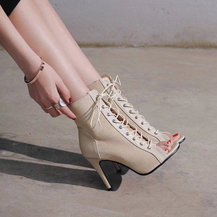 Damen Offene-Zehen Schnürstiefelette mit Wildleder-Optik und Stiletto-Absatz Drune