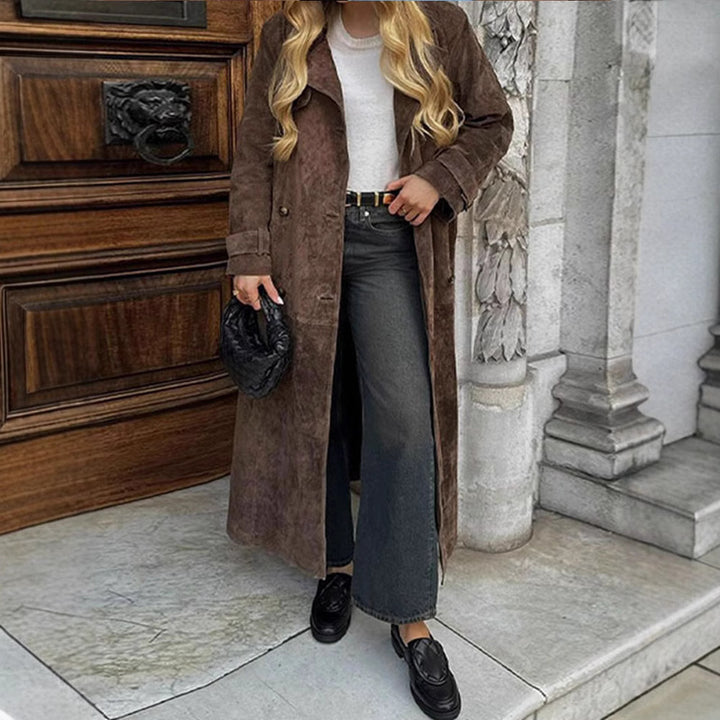 Damen Langer Doppelreihiger Trenchcoat aus Veloursleder-Optik mit Taillengürtel Drune