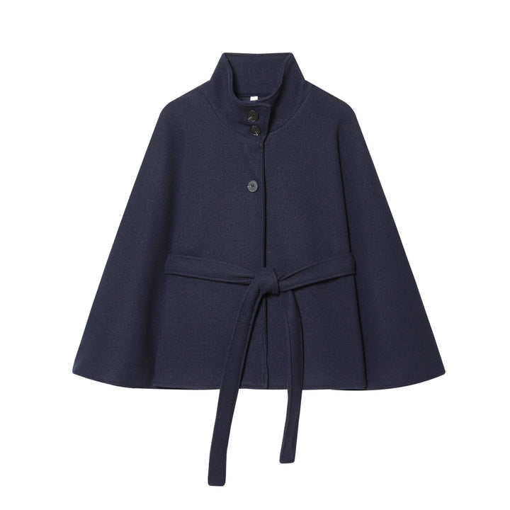 Damen Kurzes Cape-Mantel mit Stehkragen, Knopfleiste und Bindegürtel Drune