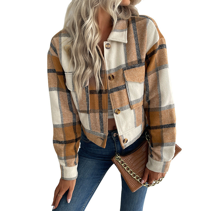 Damen cropped Karo-Jacke mit praktischen Taschen und modischen Details Drune