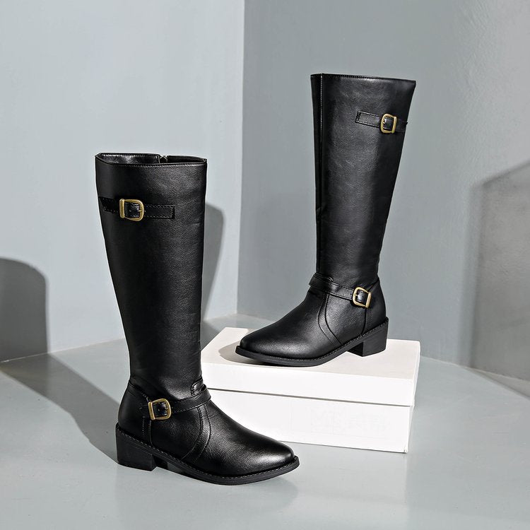 Damen nan kniehohe Reitstiefel mit dekorativen Schnallen und ergonomischem Blockabsatz Drune
