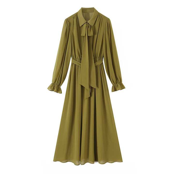 Damen Chiffon‑Maxikleid mit Bindeschleife, tailliertem Knotenband und Rüschenärmeln Drune