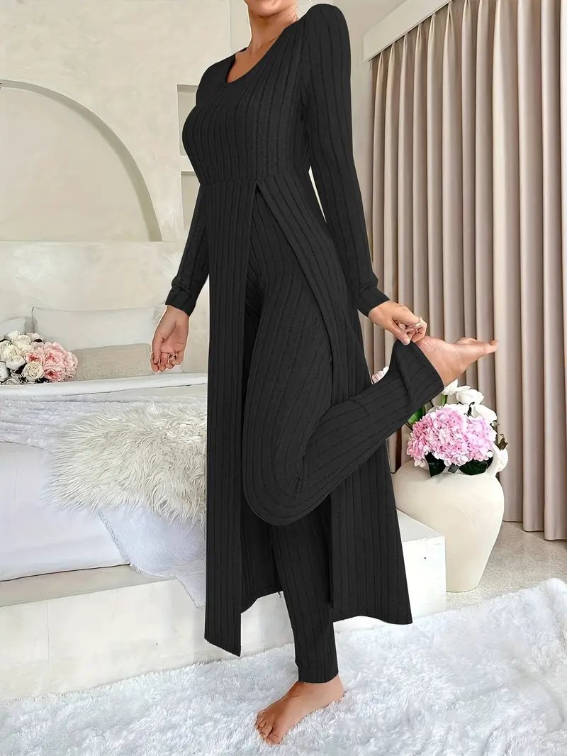 Damen eleganter und modischer Jumpsuit mit seitlichen Schlitzen und langen Ärmeln Drune