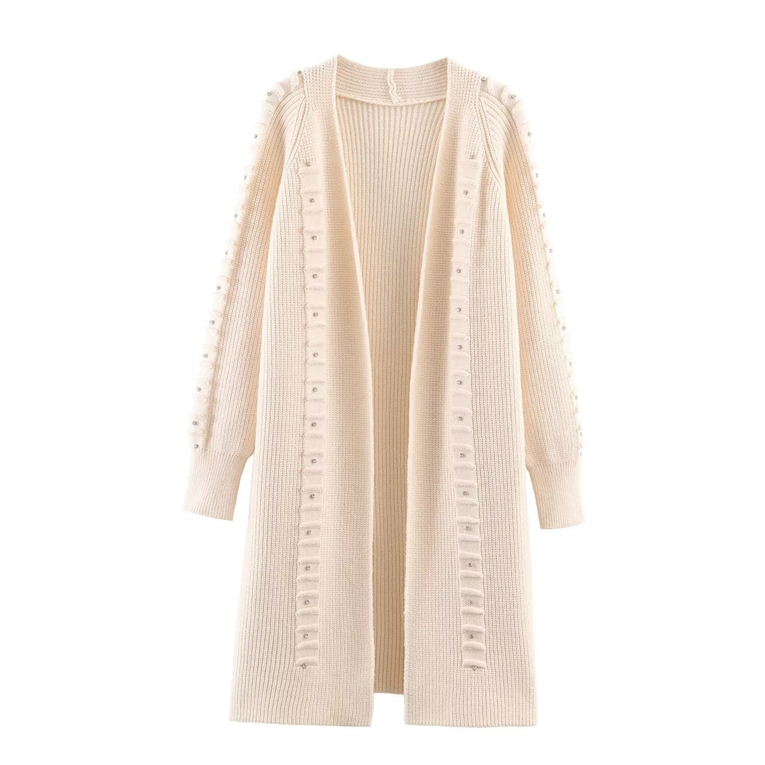 Damen Longline Strickcardigan mit Perlenbesatz und Rippbündchen Drune