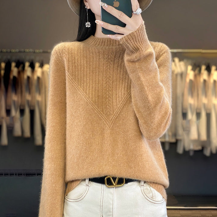 Damen Lockerer Mohair‑Blend Pullover mit strukturierter V‑Paneel und Stehkragen Drune