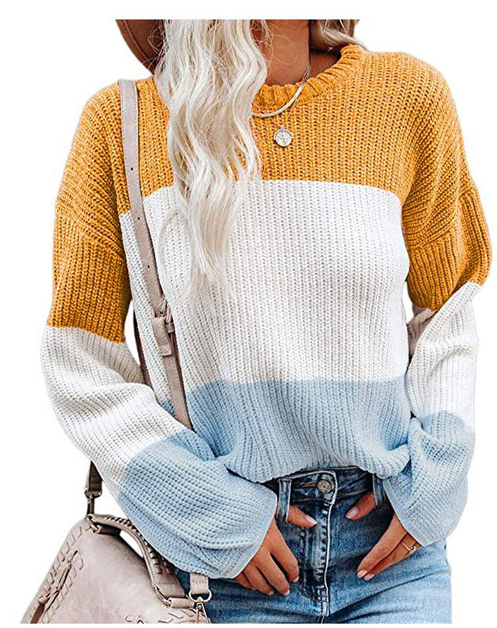 Damen Oversize Colorblock Strickpullover mit Ballonärmeln Drune