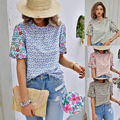 Damen Geblümte Bluse mit bestickten Puffärmeln und gewelltem Ausschnitt Drune
