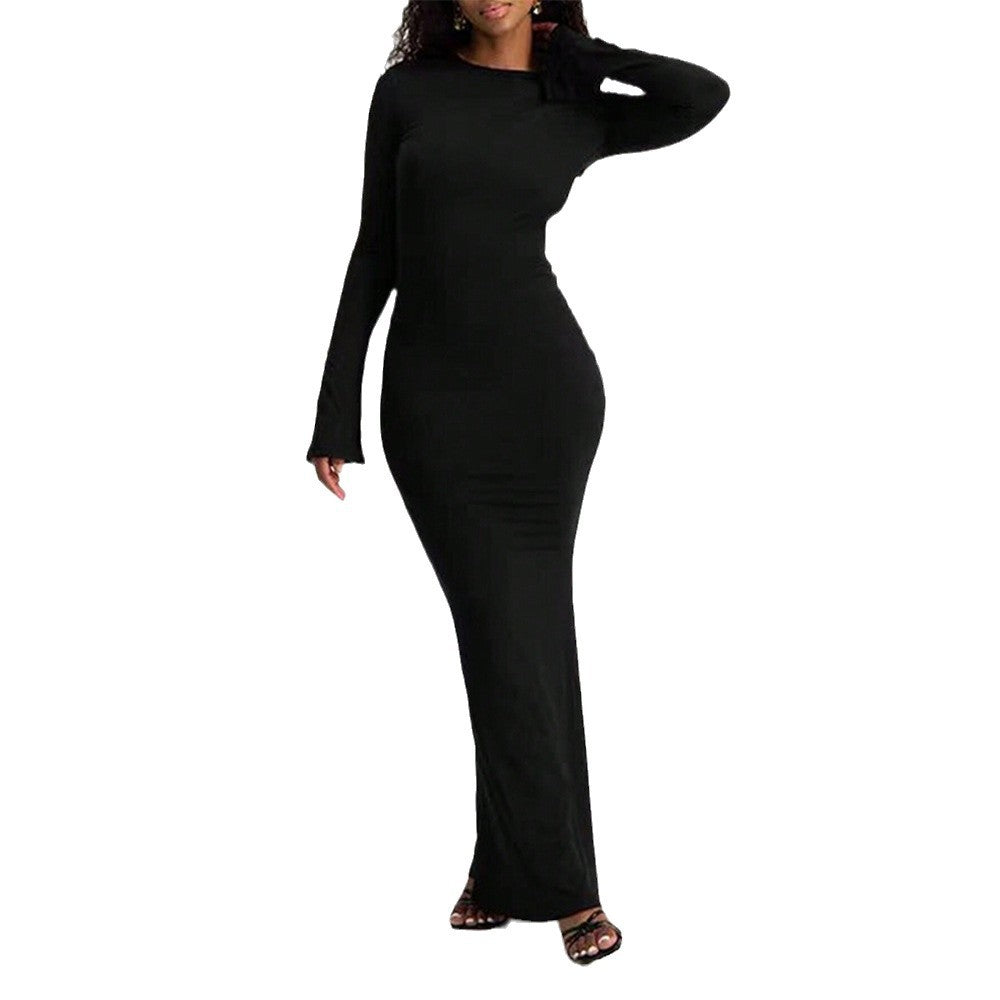 Damen Elegantes Langarm-Maxi-Kleid mit figurbetonter Silhouette und Schlüssellochausschnitt Drune