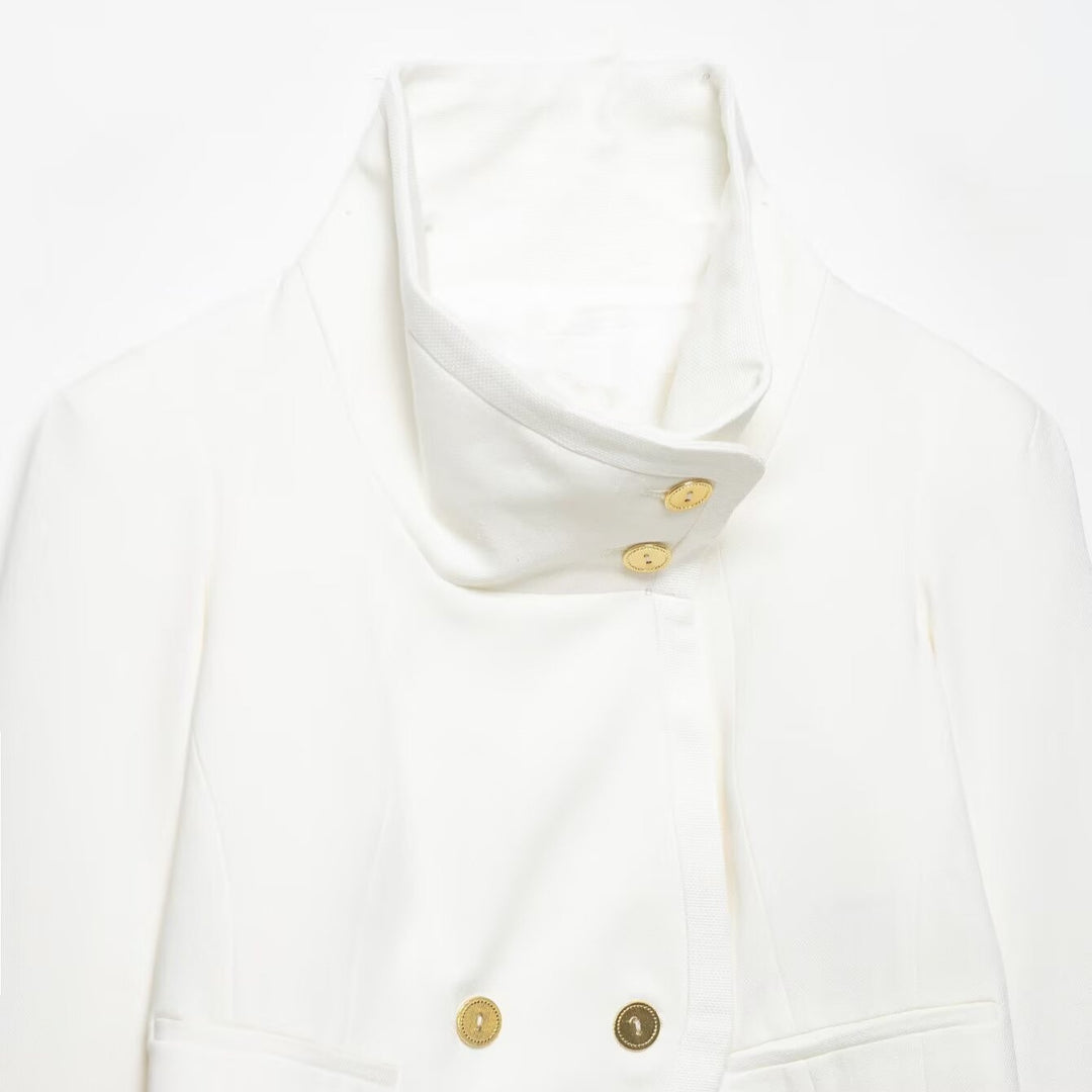 Damen Cropped-Blazer mit hohem Stehkragen, doppelreihiger Knopfleiste und Ziermanschetten Drune