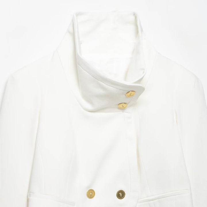 Damen Cropped-Blazer mit hohem Stehkragen, doppelreihiger Knopfleiste und Ziermanschetten Drune