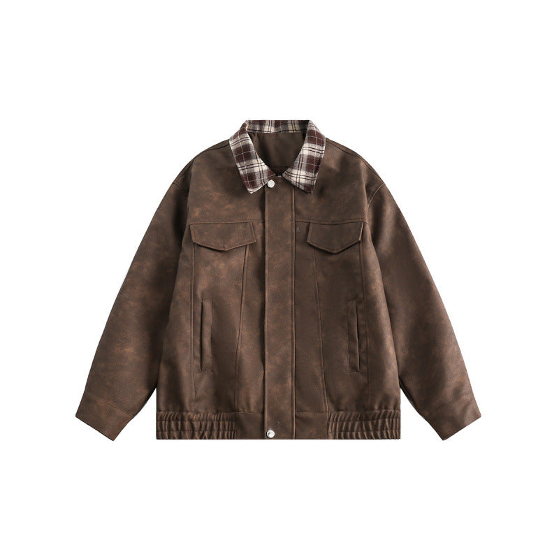 Herren Velourslederoptik Bomberjacke mit kariertem Hemdkragen, Pattentaschen und elastischem Saum Drune