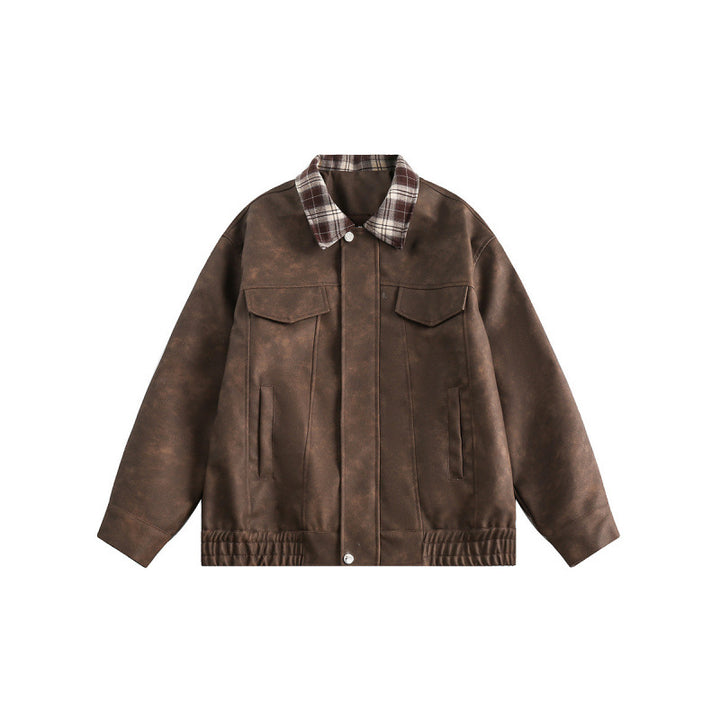 Herren Velourslederoptik Bomberjacke mit kariertem Hemdkragen, Pattentaschen und elastischem Saum Drune