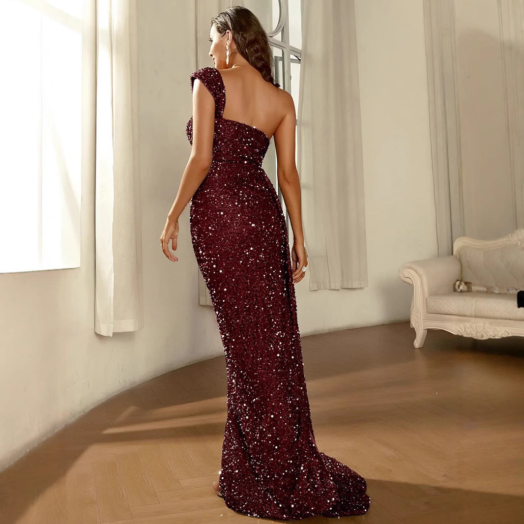 Damen Elegant glitzerndes Abendkleid mit schmalem Schlitz und dekorativen Trägern Drune