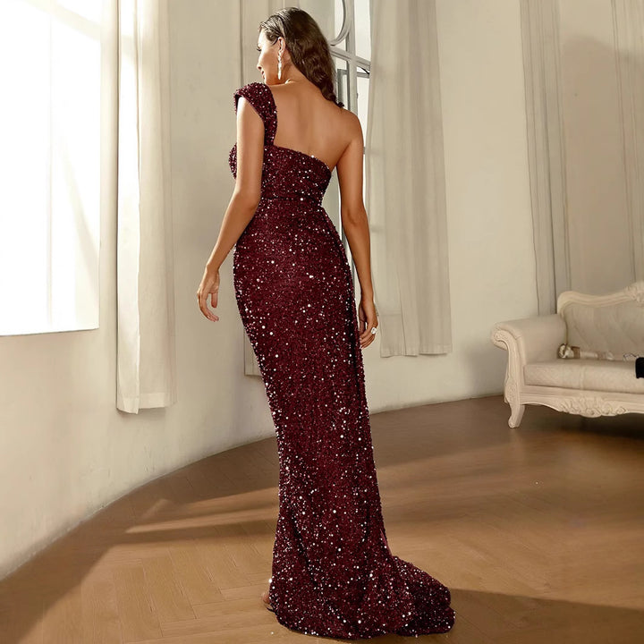 Damen Elegant glitzerndes Abendkleid mit schmalem Schlitz und dekorativen Trägern Drune