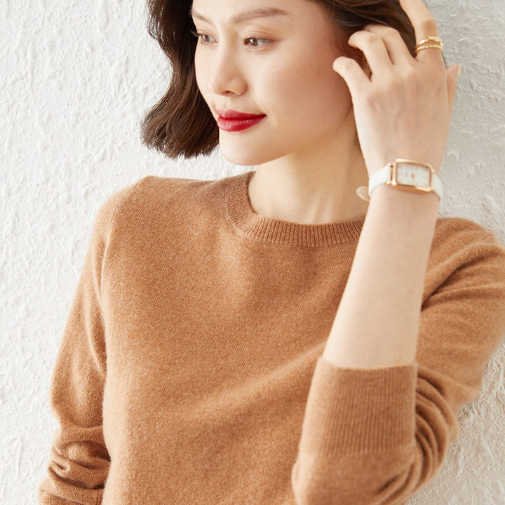 Damen Kurzgeschnittener Feinstrickpullover mit Rundhalsausschnitt und geripptem Bund Drune