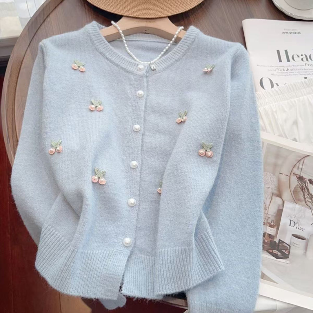 Damen Elegante Strickjacke mit floralen Applikationen Drune