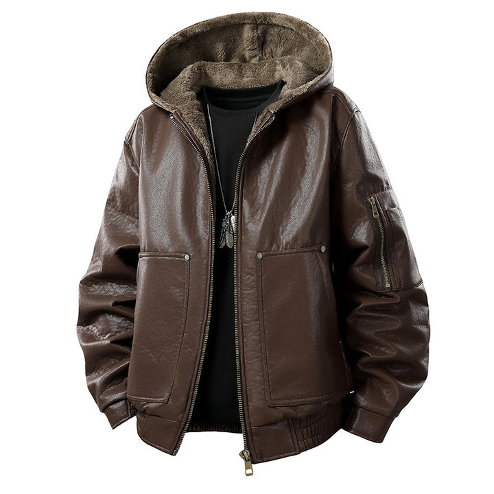 Herren gefütterte Lederoptik-Bomberjacke mit Kapuze und Teddyinnenfutter Drune