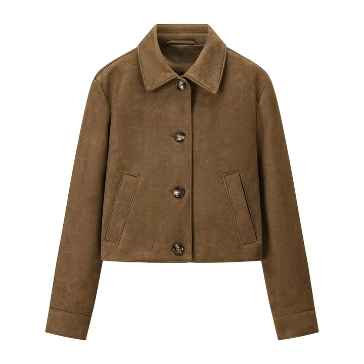 Damen nan kurz geschnittene Veloursjacke mit Hemdkragen, verdeckter Knopfleiste und schrägen Eingrifftaschen Drune