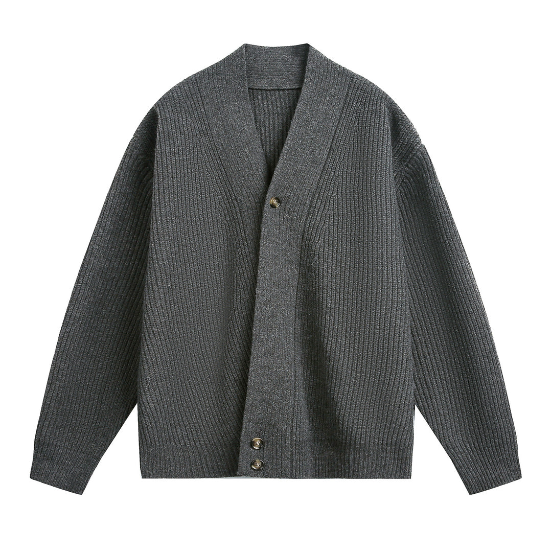 Unisex Oversize-Grobstrick-Cardigan mit Schalkragen, Rippenstruktur und asymmetrischer Knopfleiste Drune