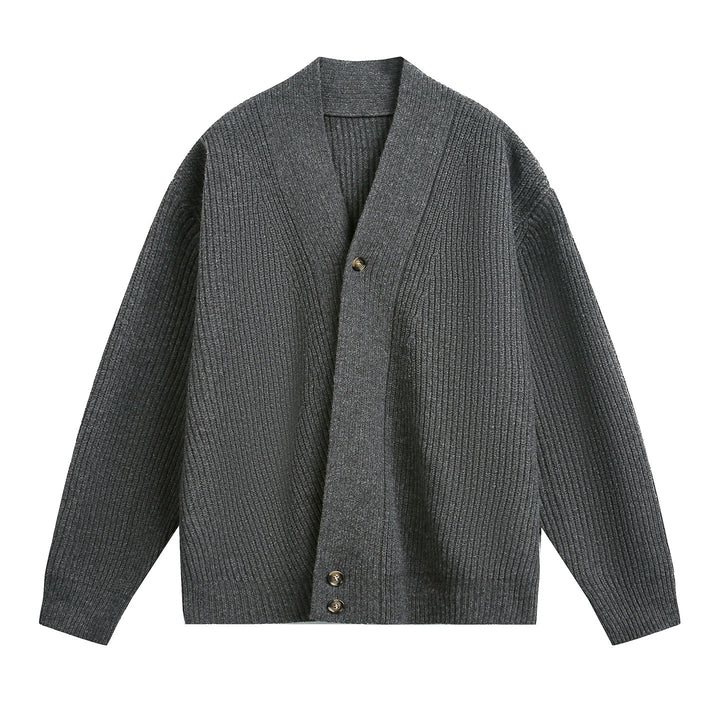 Unisex Oversize-Grobstrick-Cardigan mit Schalkragen, Rippenstruktur und asymmetrischer Knopfleiste Drune