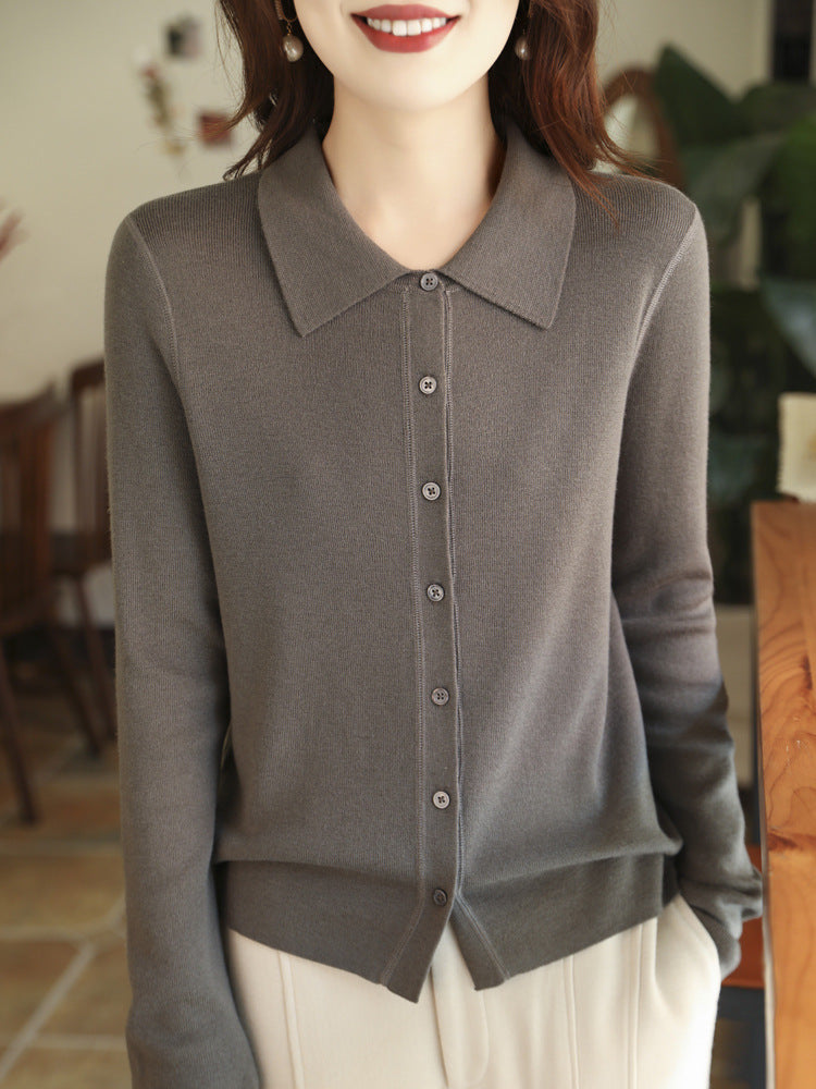 Damen Leichter Feinstrick-Cardigan mit Polokragen und durchgehender Knopfleiste Drune