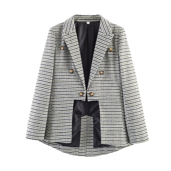 Damen Zweireihiger Hahnentritt-Blazer mit Schwalbenschwanz-Saum und Reverskragen Drune