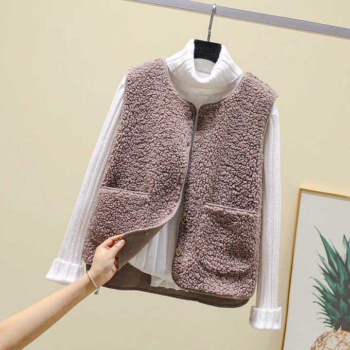 Damen Teddy-Fleece Weste mit Knopfleiste und Aufgesetzten Taschen Drune